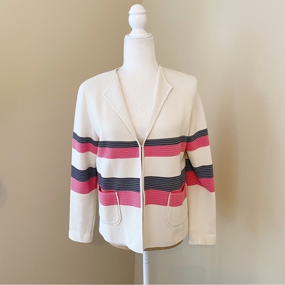 Talbots Stripe V Neck Ivory Pink and Black Jacket Cardigan - Large Petite - Picture 11 of 11